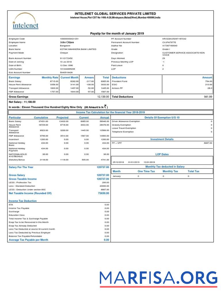 Printable India Intelenet Global Services Limited payslip sample